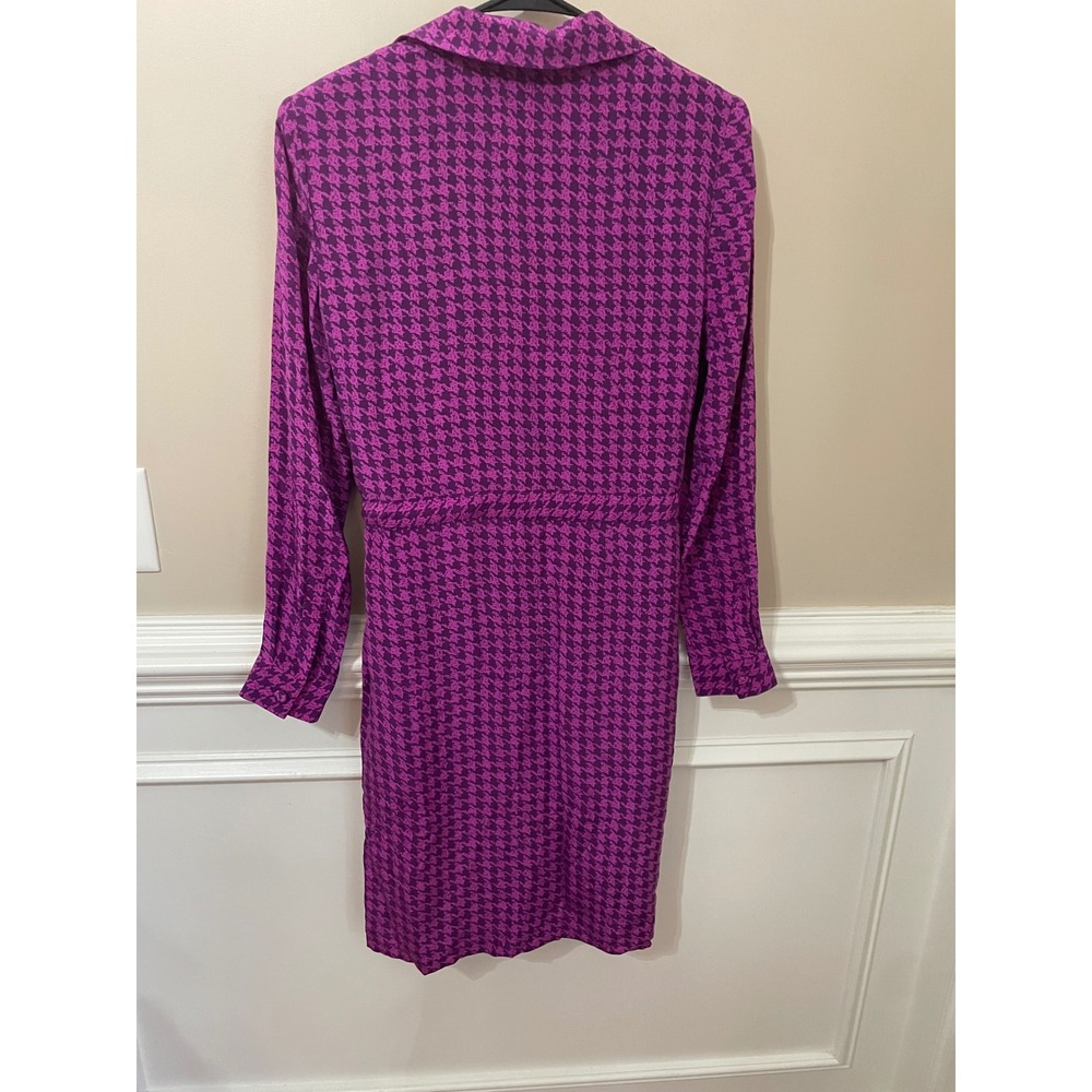 Adrianna Papell Vintage Purple Houndstooth 100% Silk Shirt Dress Size 8 - Picture 2 of 7
